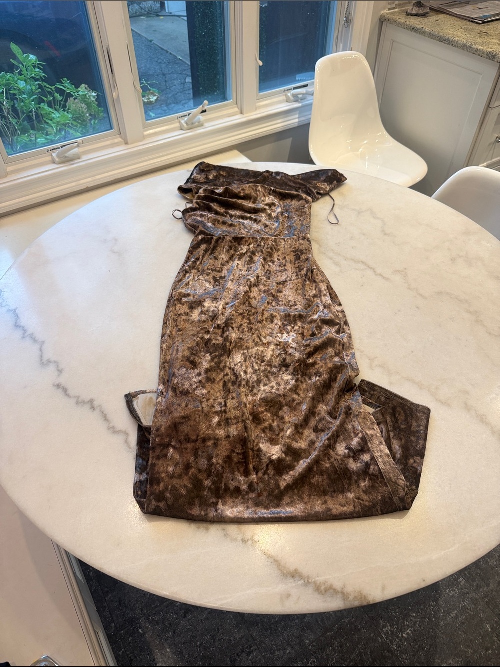 Moon River  gold Brown Velvet midi off shoulder Dress